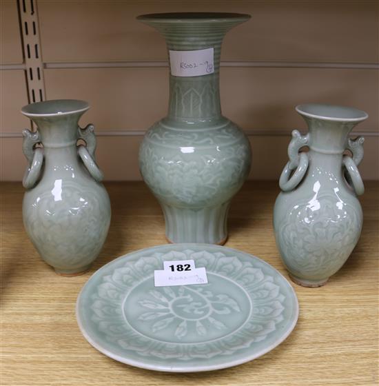 A Chinese celadon glazed vase, 23cm, a pair of vases and a dish